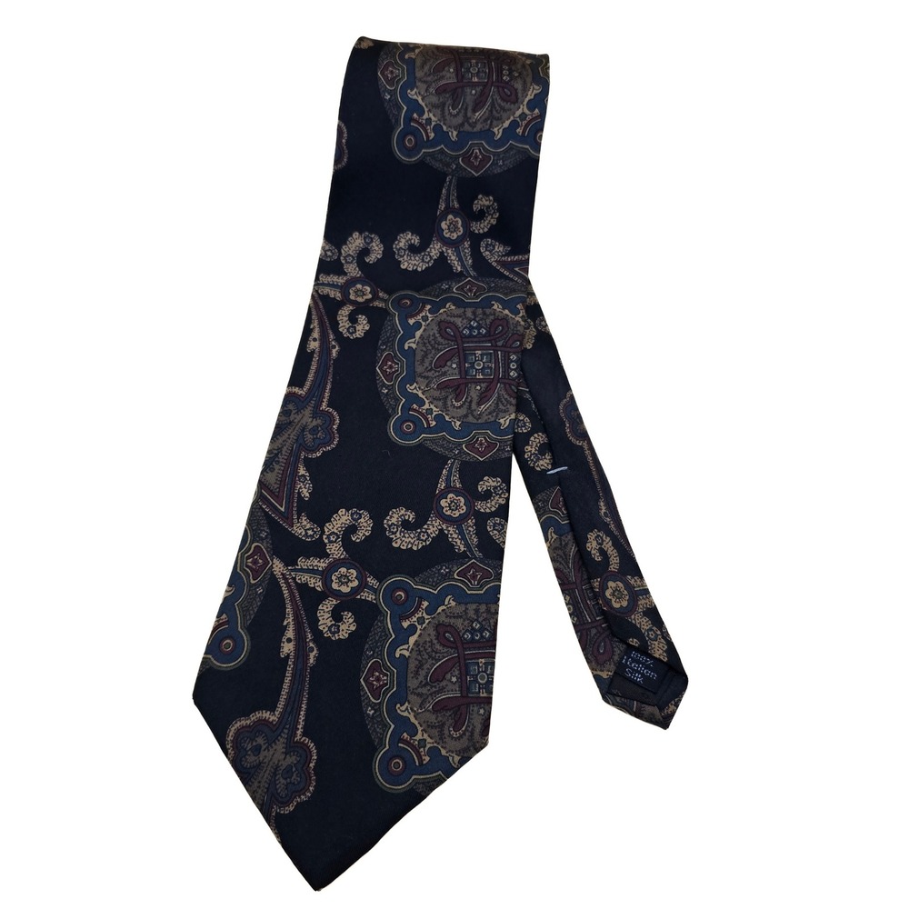 Villa Bugatti Mens Navy Blue Black Paisley Medallion 100%‎ Italian Silk